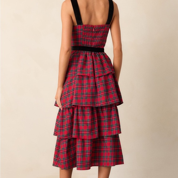 SUGARLIPS ELEGANCE DEFINED 100% COTTON RED PLAID TIERED MIDI DRESS - Picture 6 of 16